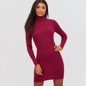 Boohoo Hannah Ribbed Burgundy Dress
